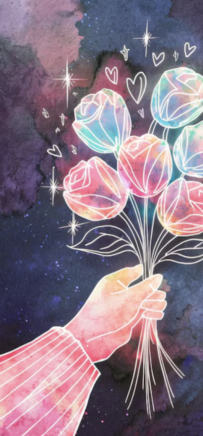Watercolor galaxy illustration of a hand holding roses.